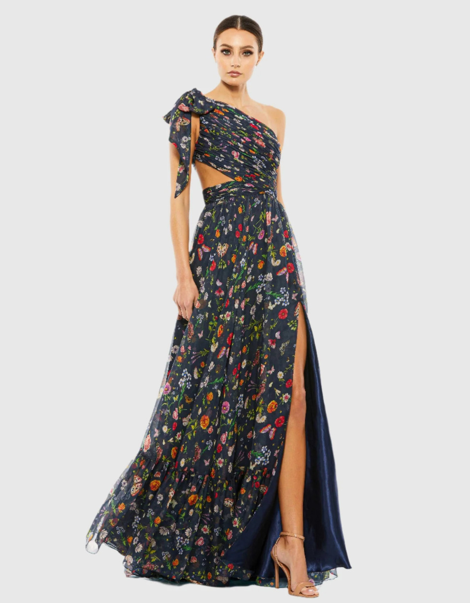Women's One-Shoulder Asymmetric Midi Dress with Lining and Mesh Digital Print