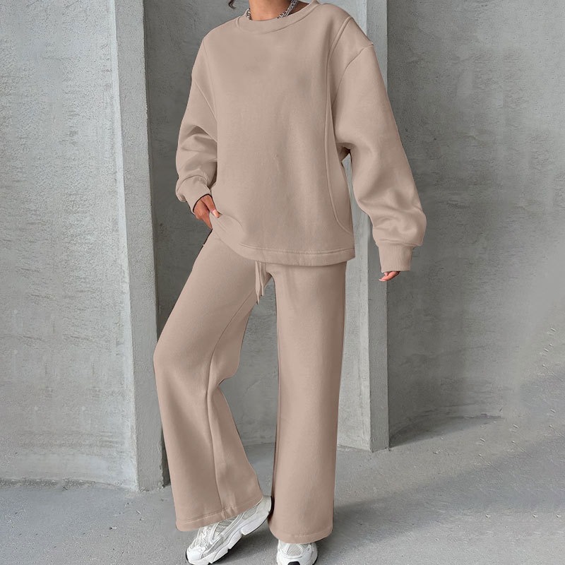 Women's Solid Crewneck Long Sleeve Wide-Leg Pants Set Casual Loose Fit