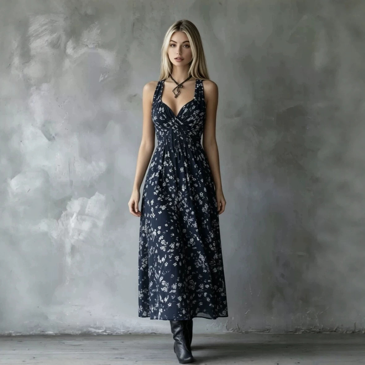 Women's Halter Floral Midi Dress V-Neck Waist-Cinching A-Line Vacation