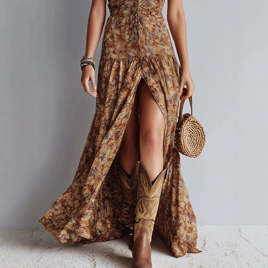 Floral Print V-Neck Ruched Slit Midi Dress
