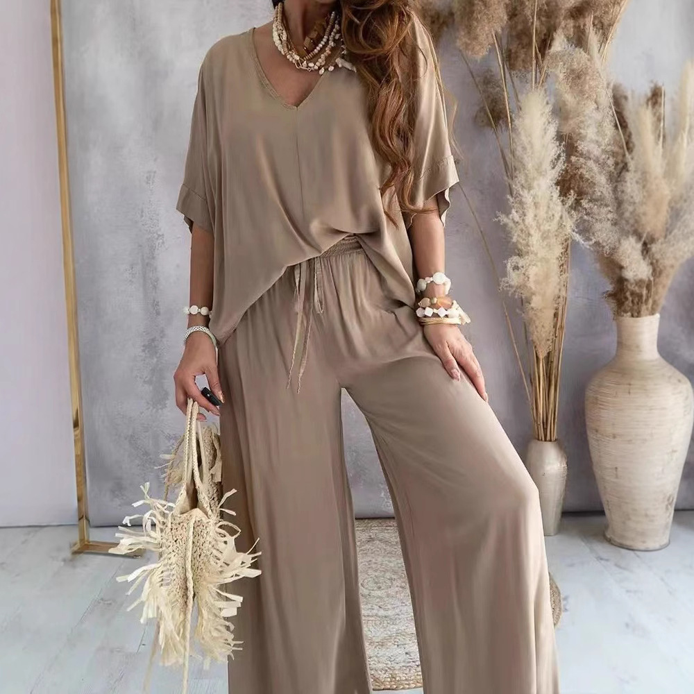 V-Neck Batwing Sleeve Wide-Leg Pants Set Women Casual Loose Two-Piece