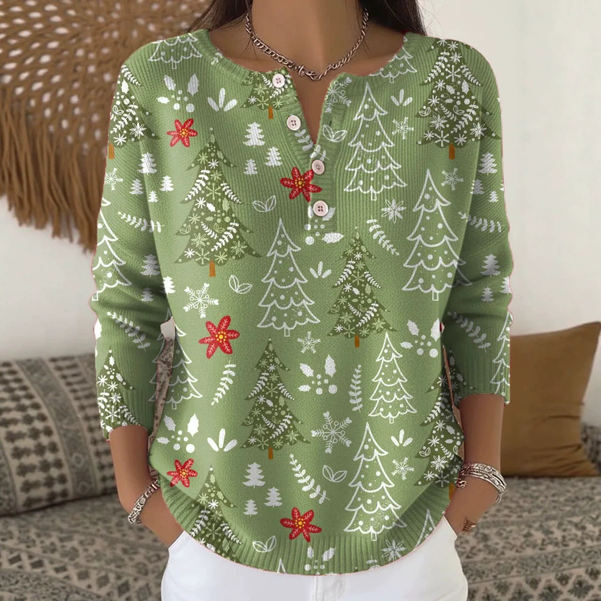 Women's Christmas Tree Floral Print Button Sweatshirt