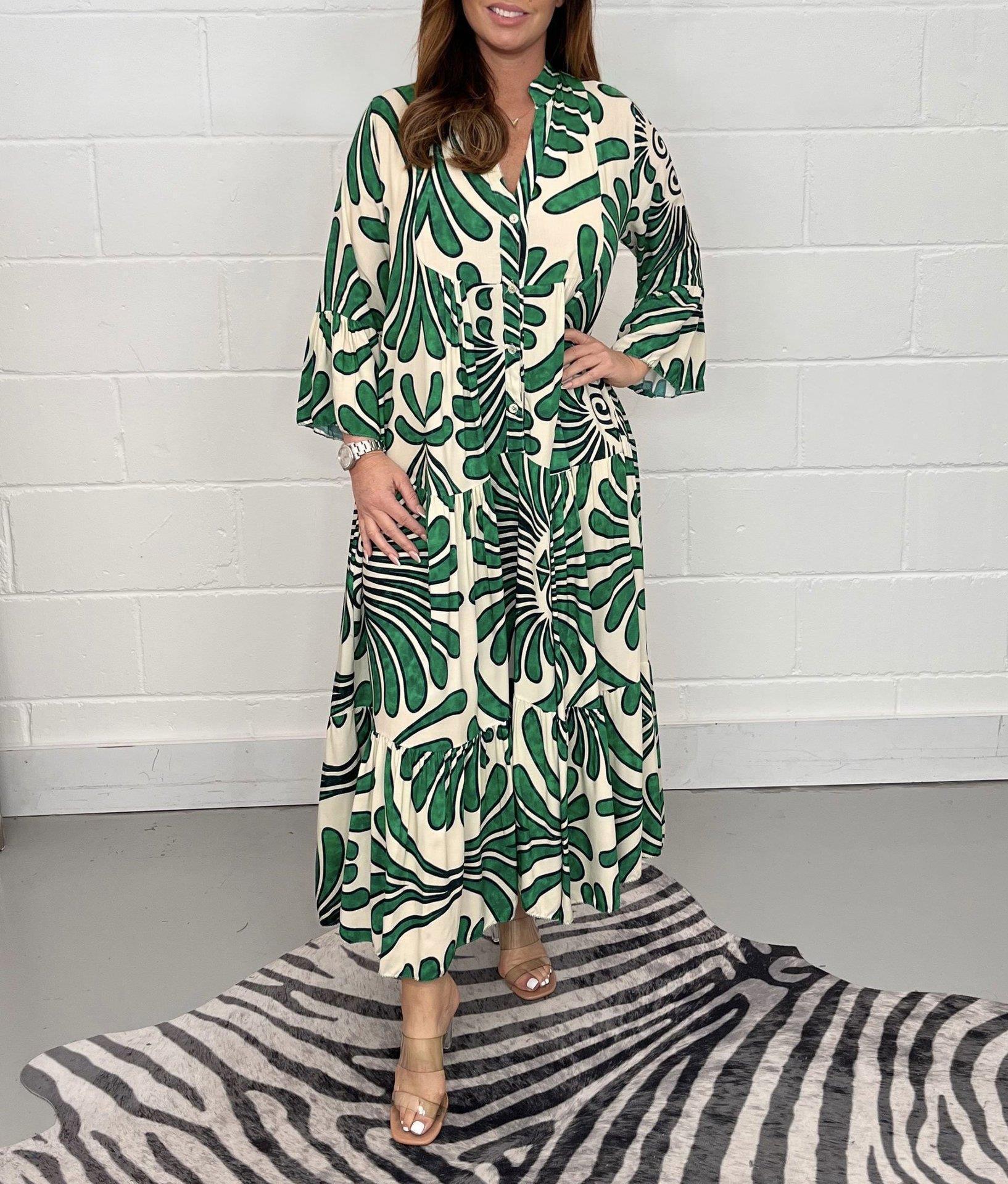 Women's Floral Print Loose Casual Dress with V-Neck and Seven-Sleeve