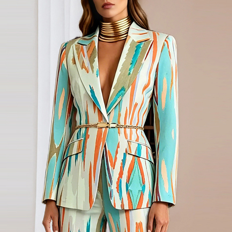 Women's Printed Blazer and Pants Set Long Sleeve Two-Piece Suit