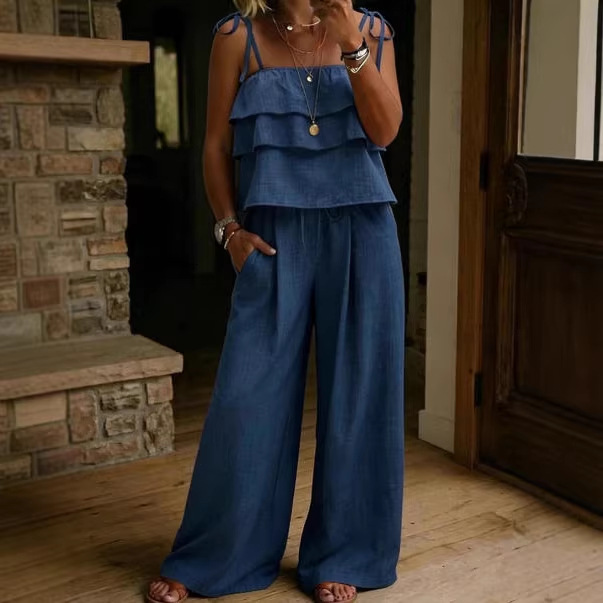 Women's Summer Linen-Blend Cami Top and Wide-Leg Pants Set Solid Color