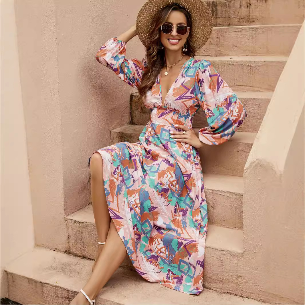 Irregular Print Deep V Waist Lantern Sleeve Maxi Dress