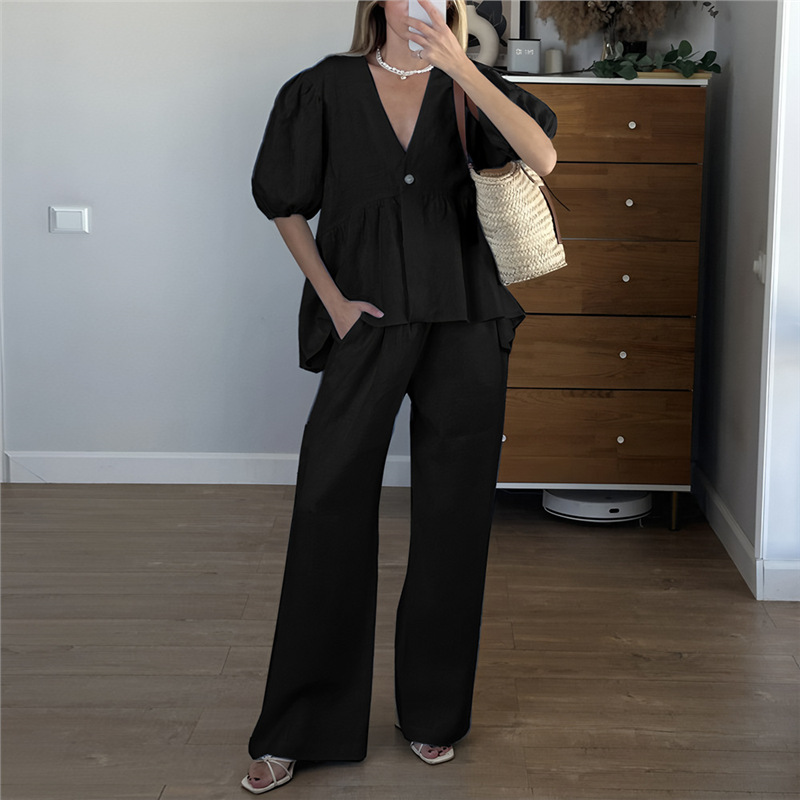 Women's Plus Size V-Neck Puff Sleeve Long Pants Set