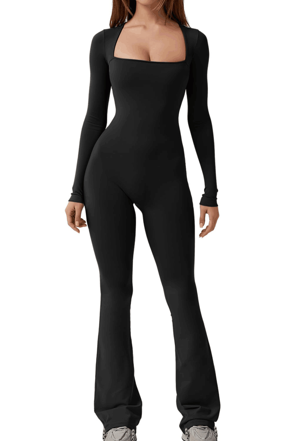 Women's Long Sleeve Square Neck Wide Leg Jumpsuit with Tummy Control and Butt Lifting