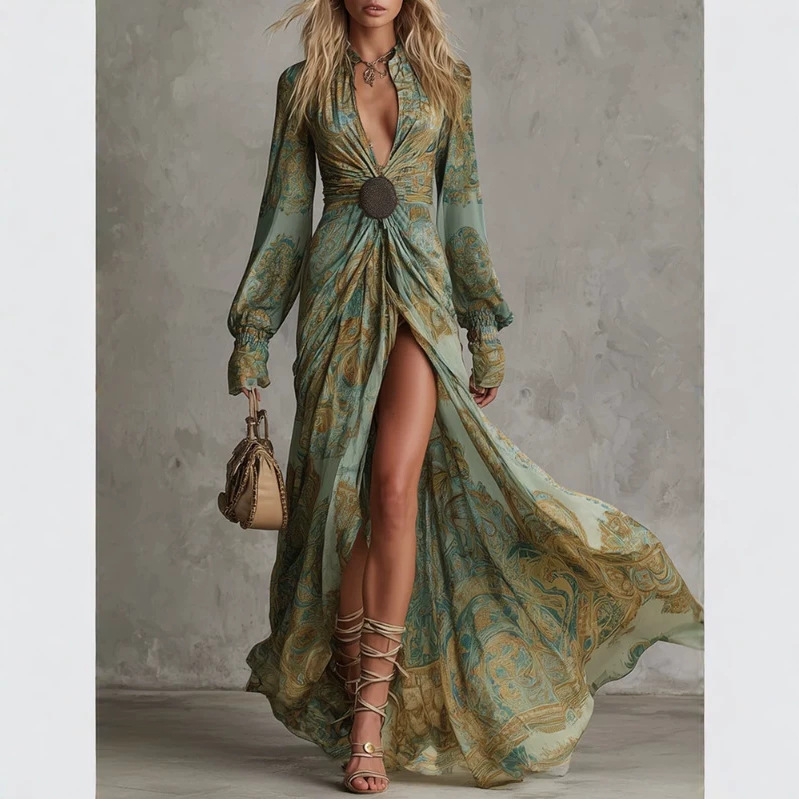 Charming Vintage V-Neck Green Print Long Dress