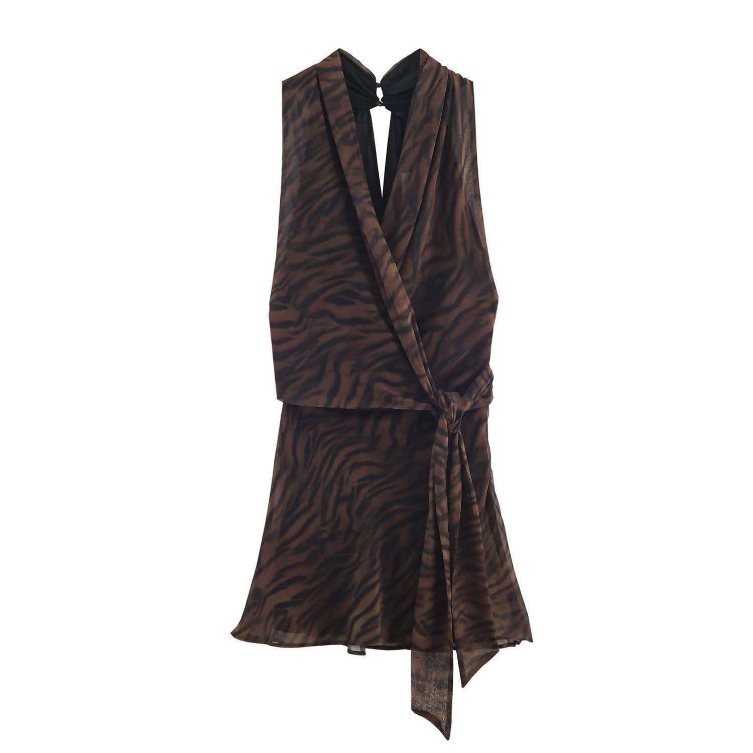 Women's Sleeveless Animal Print Double-Breasted Mini Dress