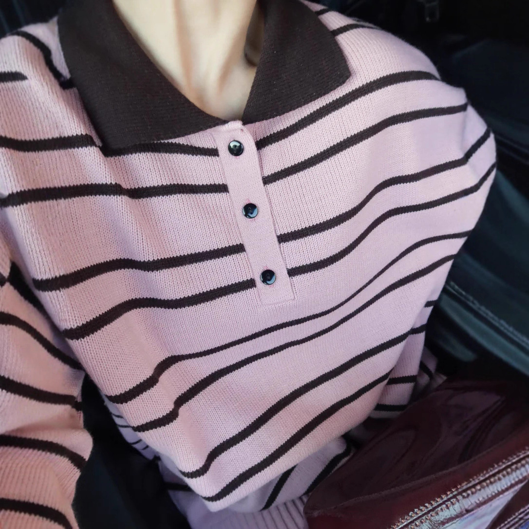 Striped Pullover Sweater with Collar, Loose Knit