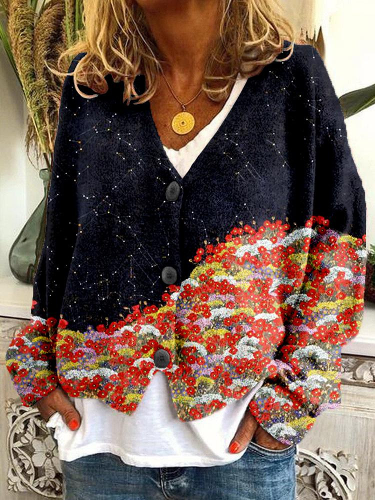 Printed Women's Cardigan Soft Knit Sweater Casual Poncho Coat