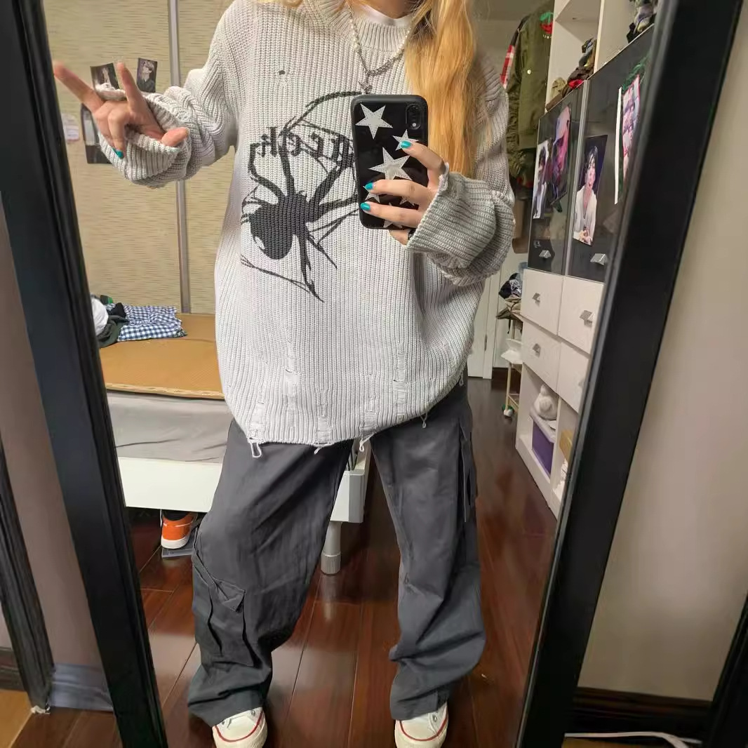 Women's Long Sleeve Loose Casual Distressed Knit Sweater