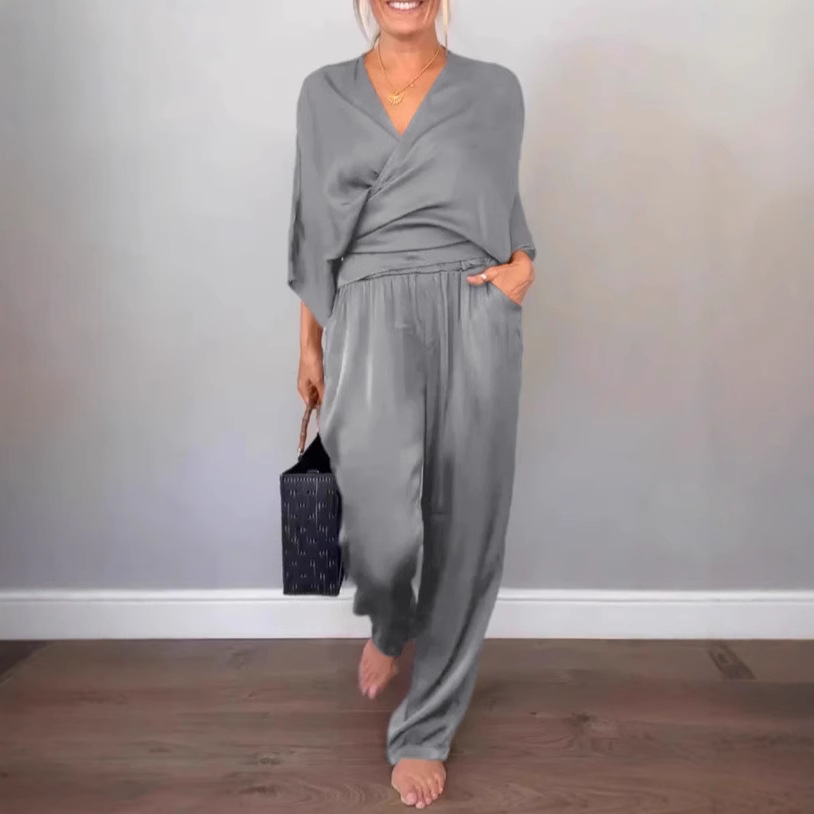 Women's Summer Solid Satin Short Sleeve Top and Pants Set