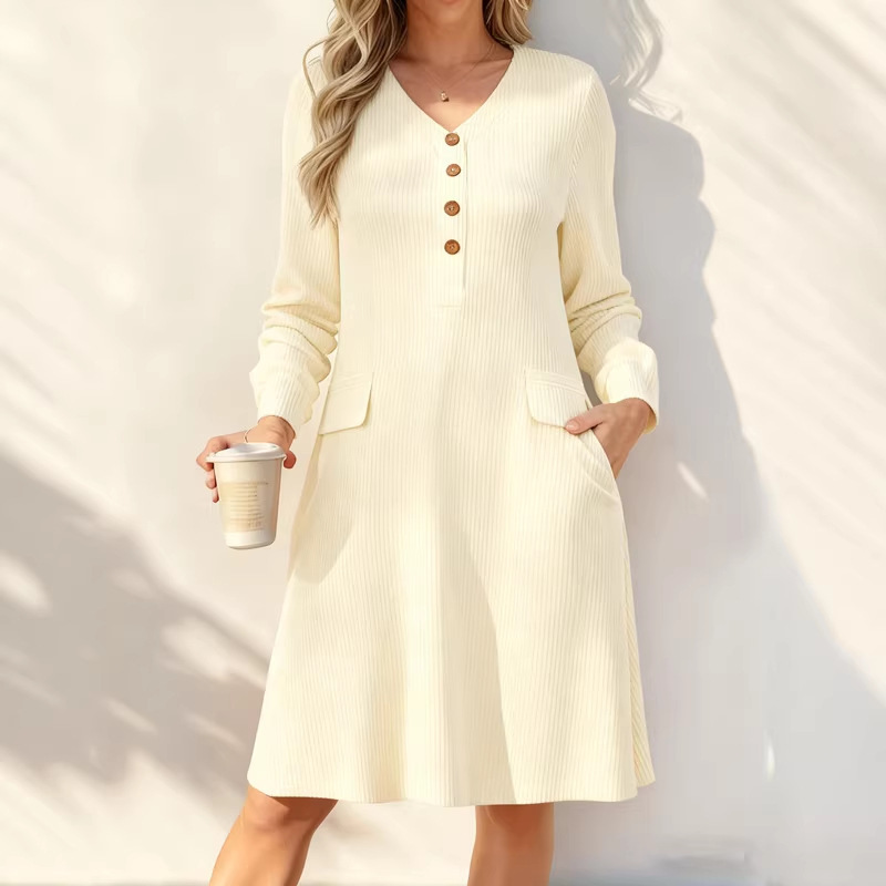 V-Neck Button-Front Ribbed Knit Midi Dress