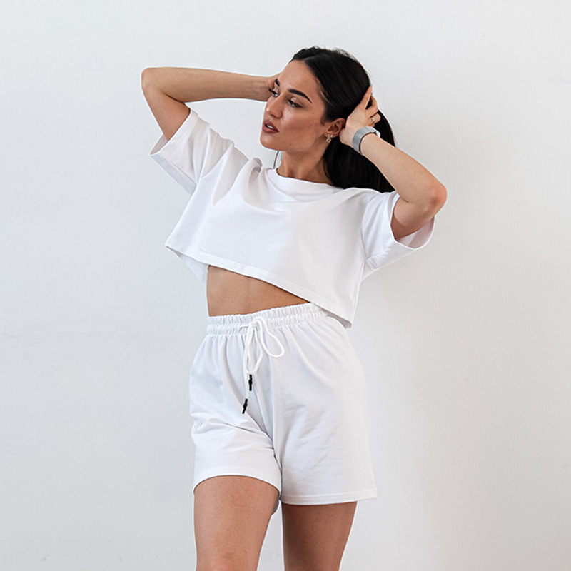Women's Solid Color Cropped Short Sleeve Drawstring Shorts Set Casual Loose Fit