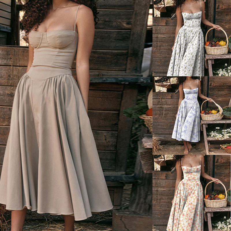 Women's Strapless Floral Dress Slim Fit Sleeveless Long Skirt