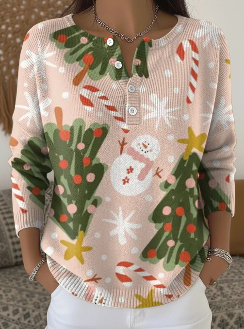 Women's Christmas Tree Snowman Scarf Print Button Sweatshirt