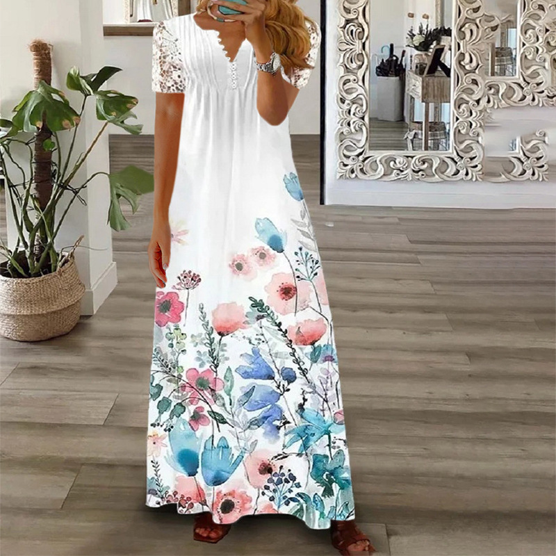 Floral Print Lace Short Sleeve Long A-Line Dress