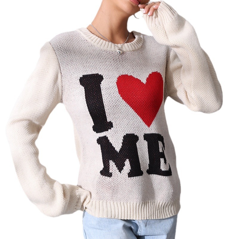Heart Jacquard Knit Sweater Loose Crewneck Pullover Long Sleeve