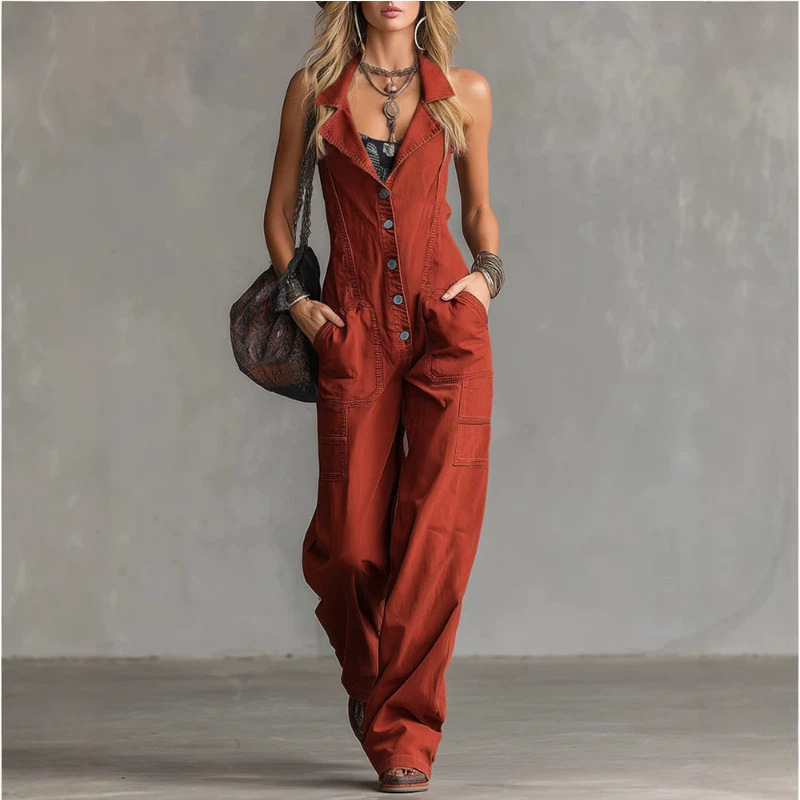 Rust Red Collared Denim Jumpsuit Retro Straight Leg Sleeveless