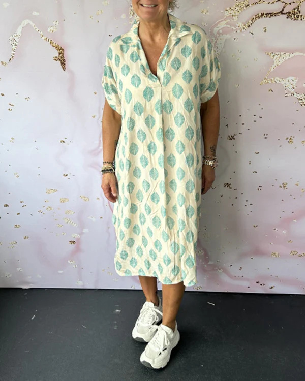 Women's Loose Fit Printed V-Neck Short Sleeve Midi Dress
