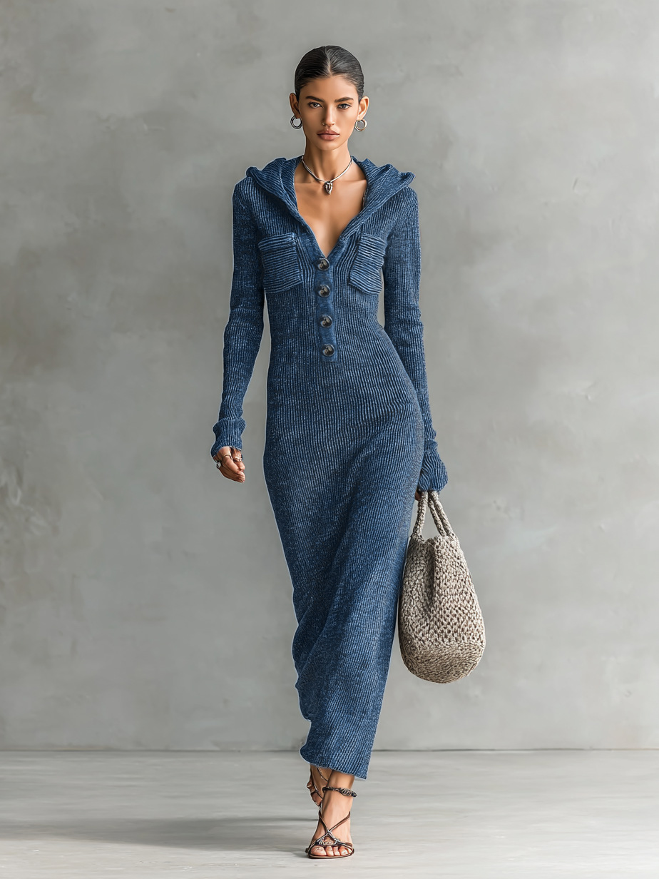 Women's Slimming Half-Open Collar Hooded Knit Sweater Dress