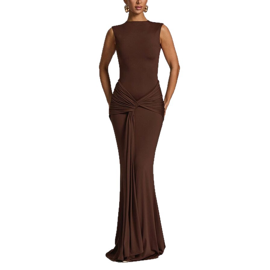 Women's Sleeveless Bodycon Maxi Dress with Open Back and Pleated Detail