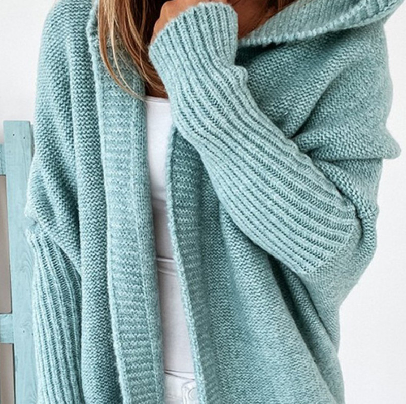 Hooded Knit Cardigan with Batwing Sleeves and Back Panel