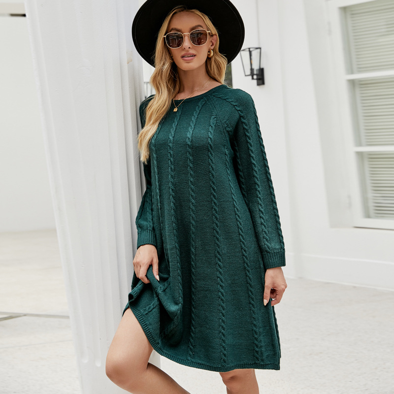 Women's Cable Knit A-Line Sweater Dress Crew Neck Long Sleeve Loose Fit
