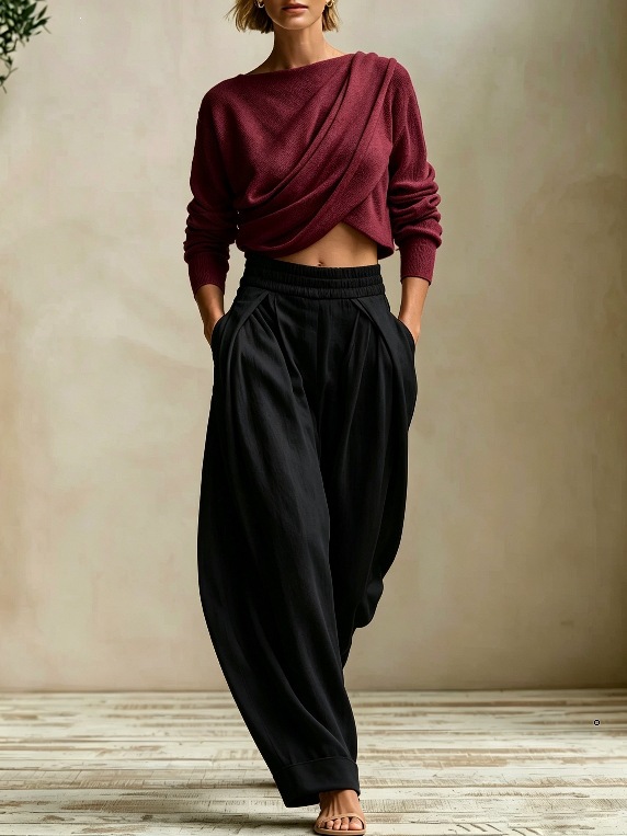 Women's Two-Piece Set: Pleated Crewneck Top & Elastic Waist Harem Pants