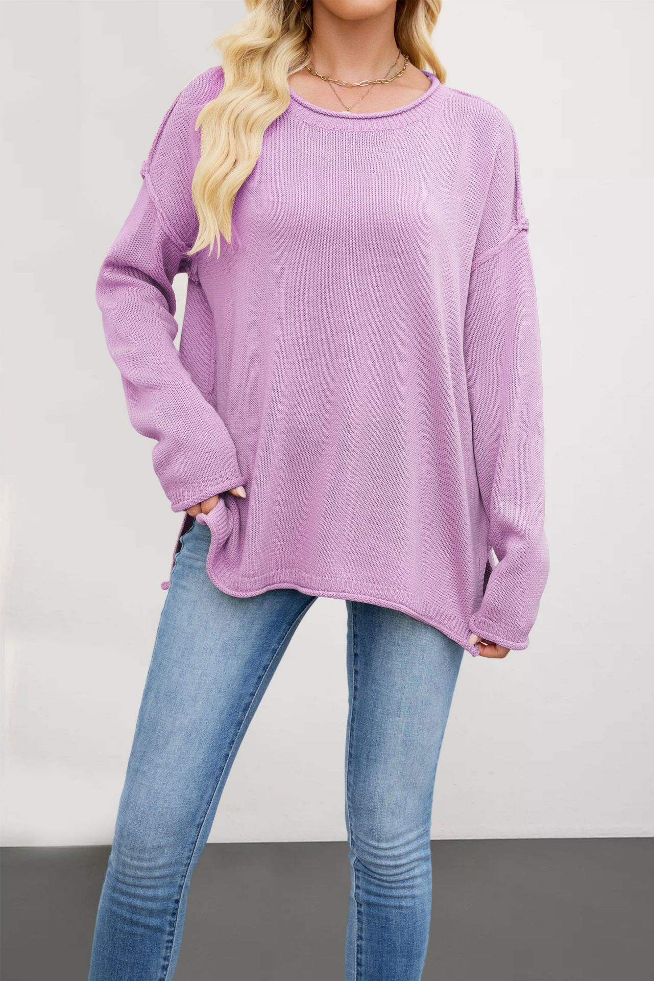 Women's Solid Crewneck Knit Pullover Sweater Loose Fit