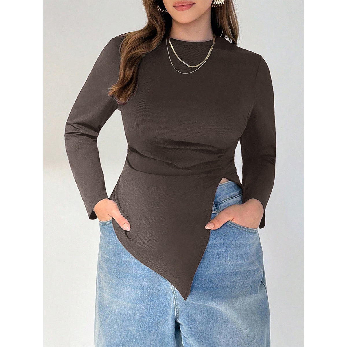 Plus Size Ribbed Long Sleeve Asymmetric Hem Fitted Tee