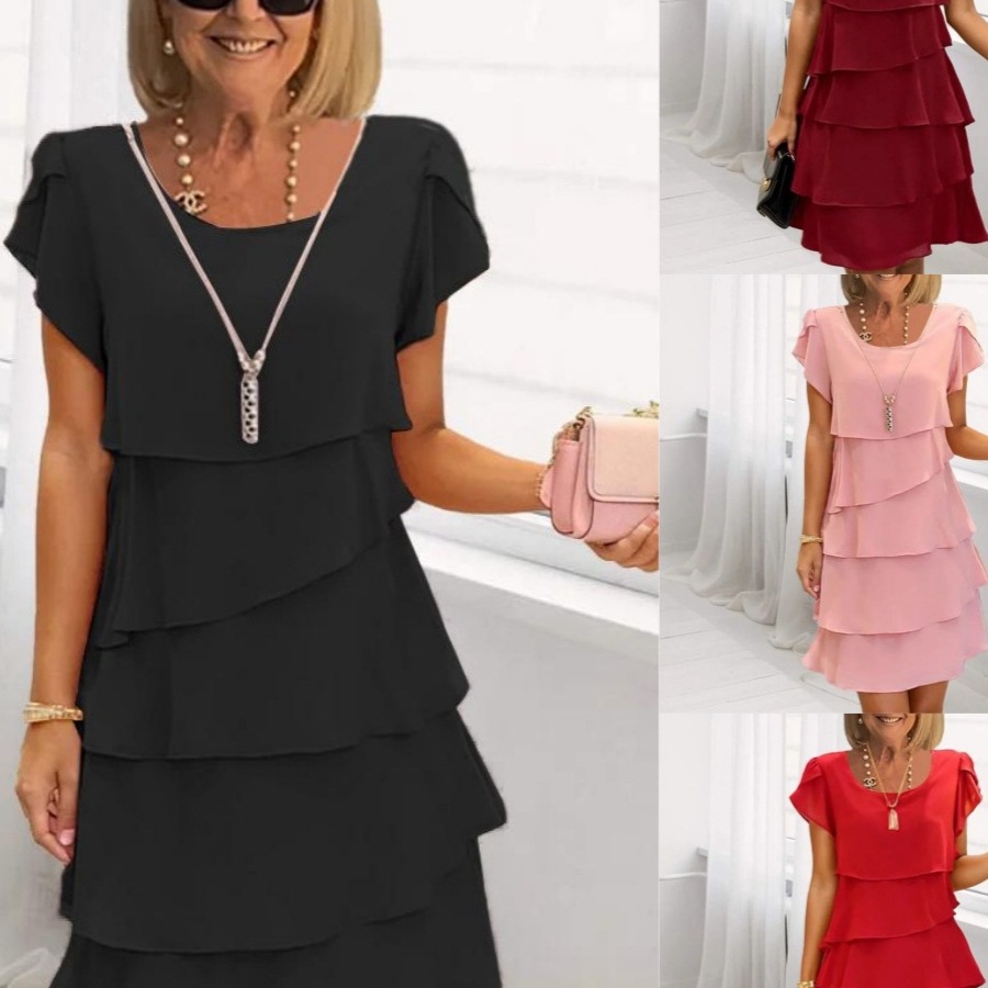 Summer Short Sleeve Tiered Dress Solid Color Round Neck