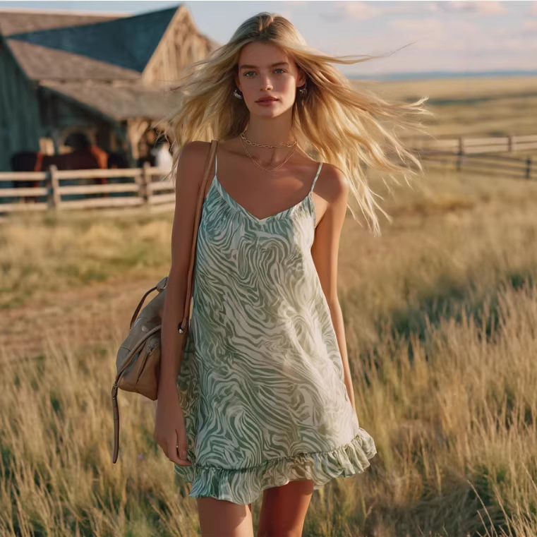 Western Vintage Green Zebra Print Ruffle V-Neck Cami Mini Dress