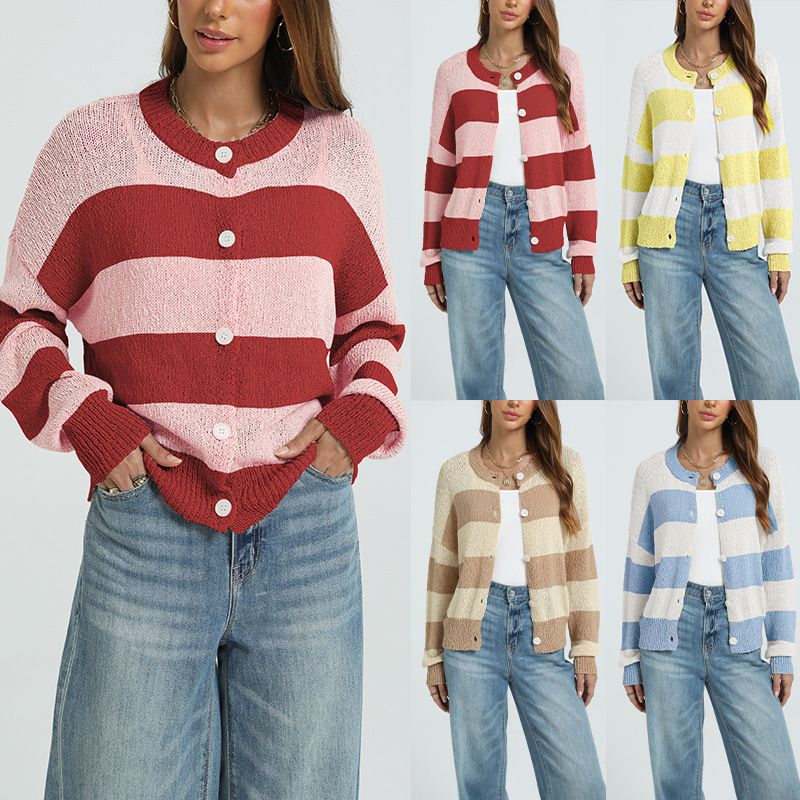 Striped Knit Cardigan Long Sleeve Round Neck Button-Up Sweater