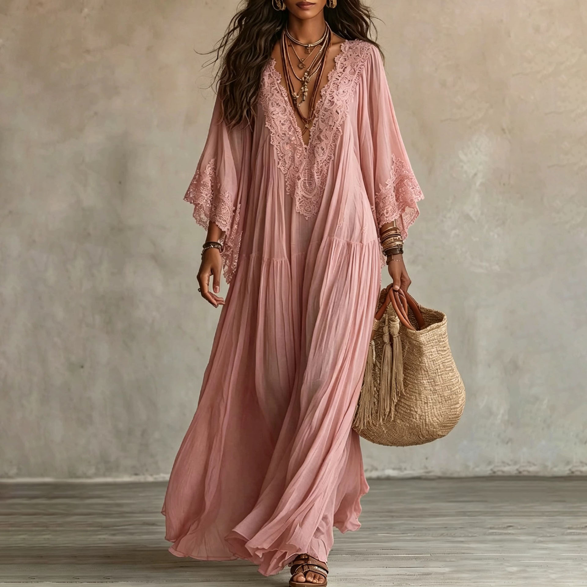 Lace V-Neck Batwing Sleeve Long Dress