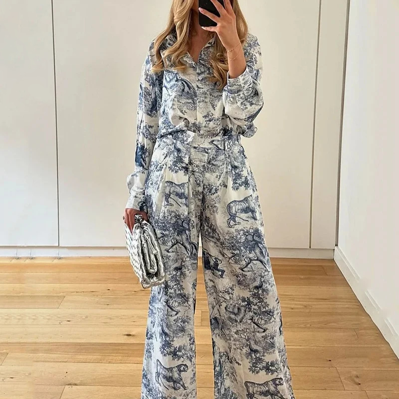 Women's Loose Print Long Sleeve Shirt & Pants Casual Set