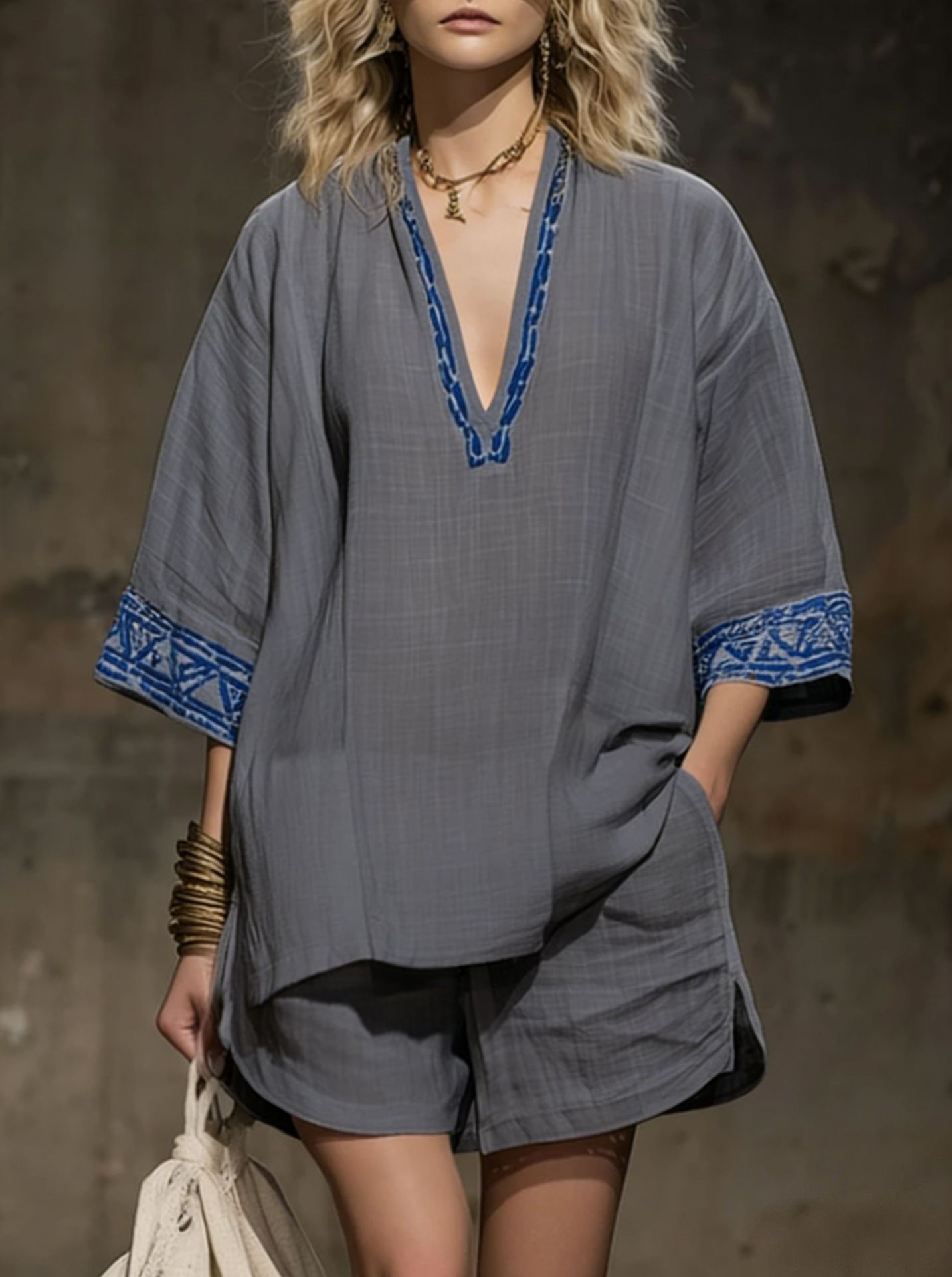 Bohemian Linen-Blend Printed V-Neck Short Sleeve Shorts Women's Set