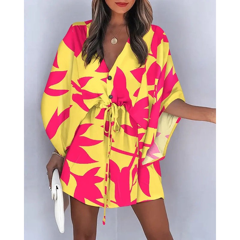Women's Summer V-Neck Tie-Front Floral Print Patchwork Beach Dress