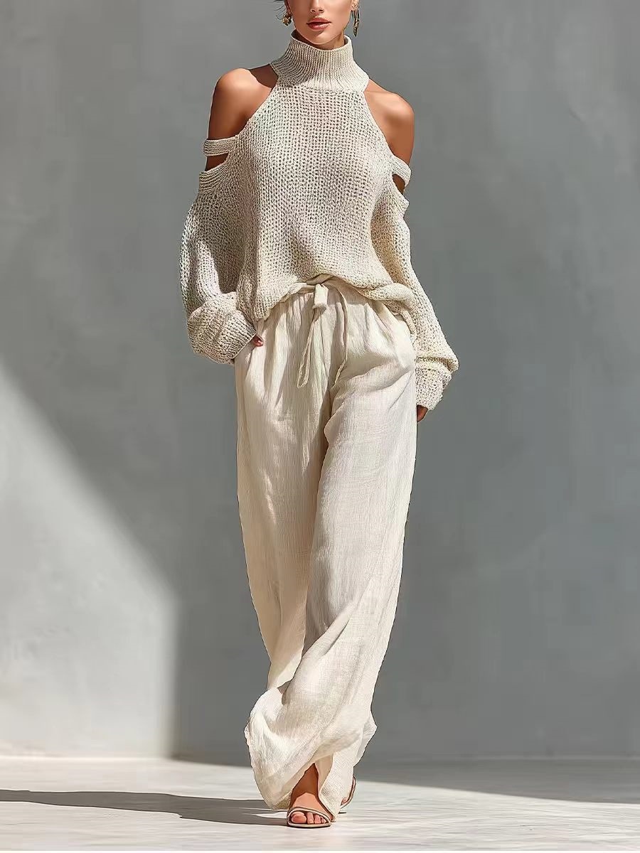 Women's Solid Color Long Sleeve High Neck Top and Pants Two-Piece Set