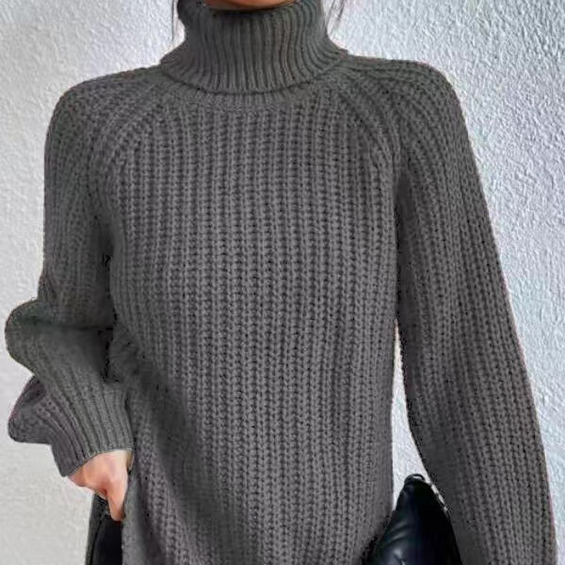 Women's High Neck Midi Knit Sweater with Raglan Sleeves and Side Slit