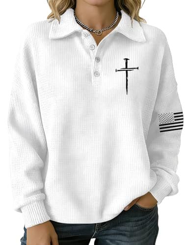 Women's Cross & American Flag Print Button Sweatshirt