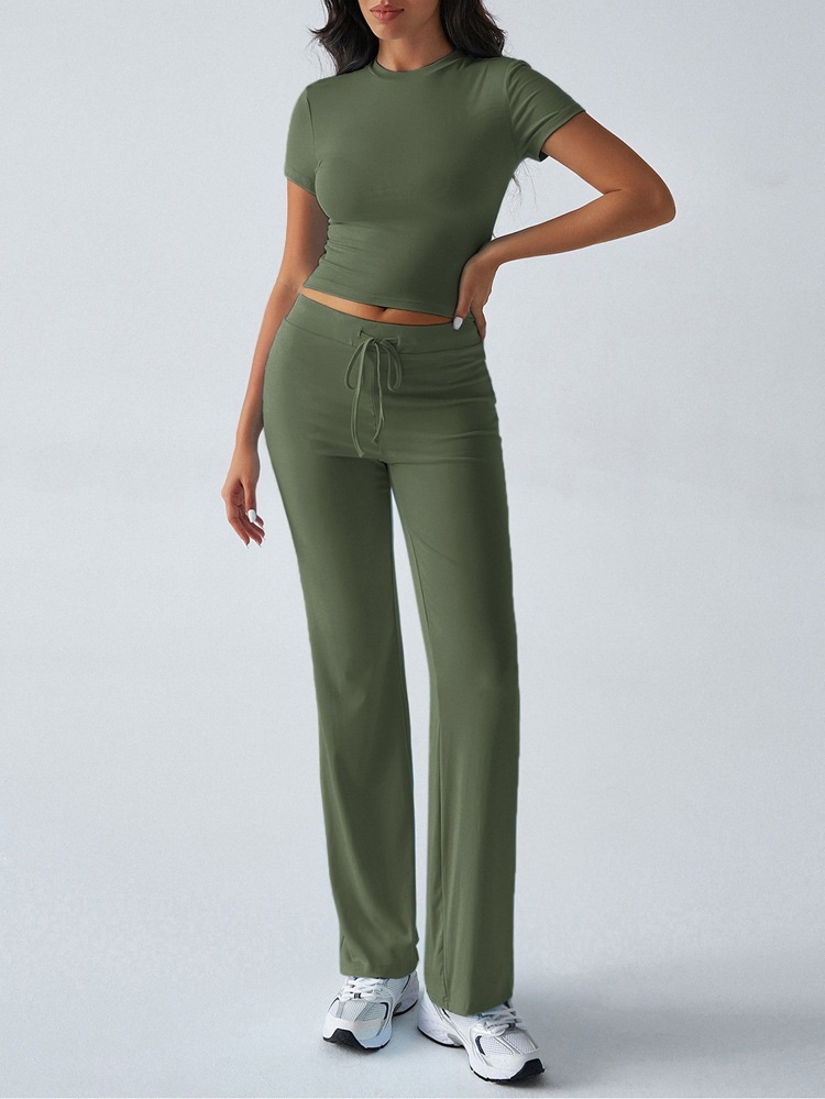 Women's Solid Color Crewneck Short Sleeve Top and Long Pants Casual Set