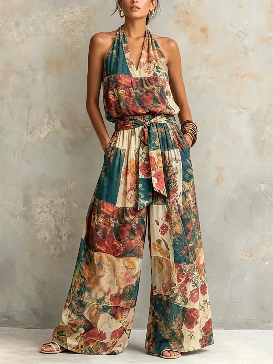 Women's Summer Casual Plaid Print Sleeveless Jumpsuit