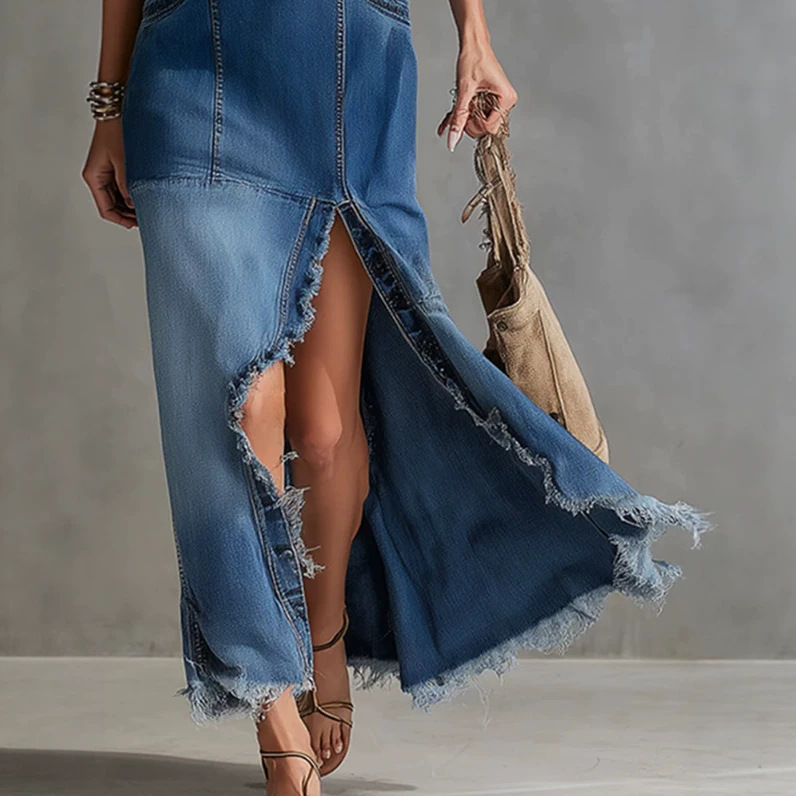 Retro Elegant Blue V-Neck Slit Denim Maxi Dress