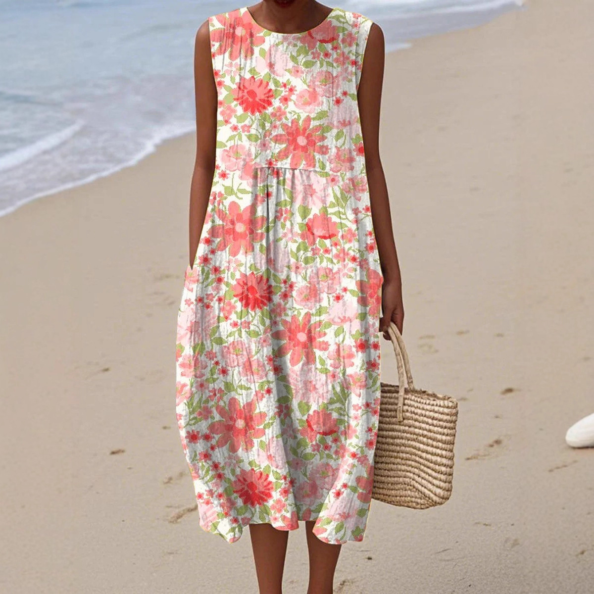Women's Retro Multicolor Striped Floral Sleeveless Midi Dress