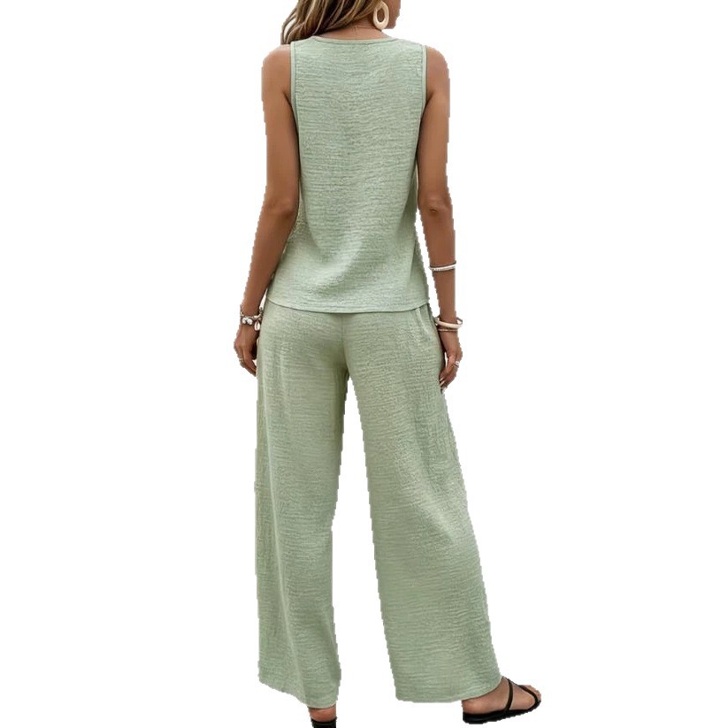 Sleeveless V-Neck Cardigan & High-Waist Wide-Leg Pants Set