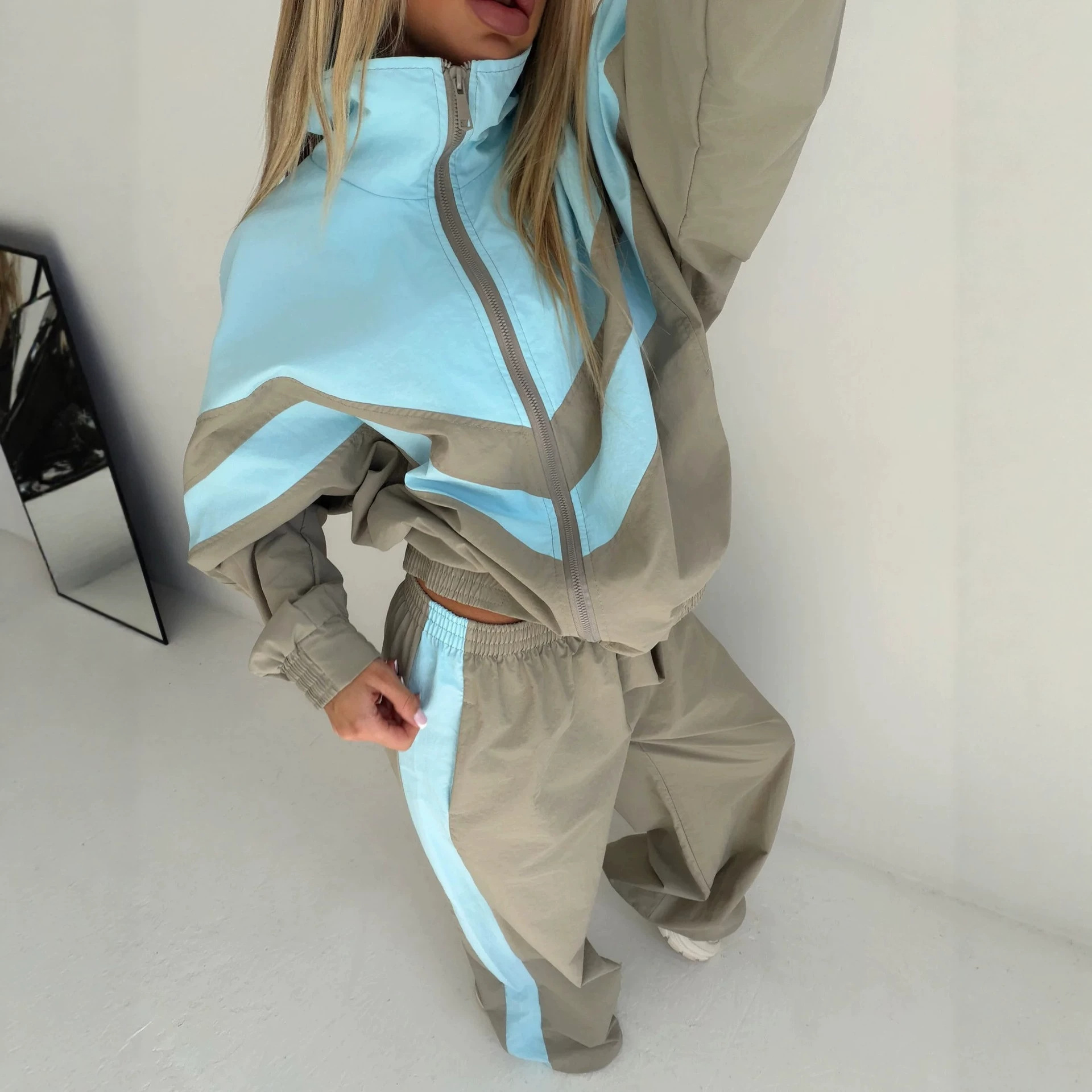 Women's Colorblock Zip-Up Cardigan and Pants Two-Piece Set Long Sleeve