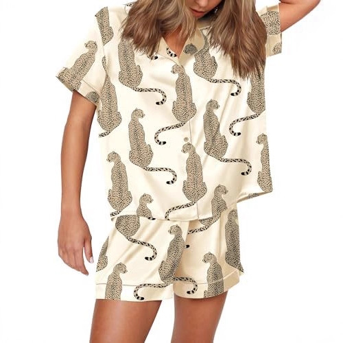 Women's Cuban Collar Animal Print Short Sleeve Shirt Set Casual Summer